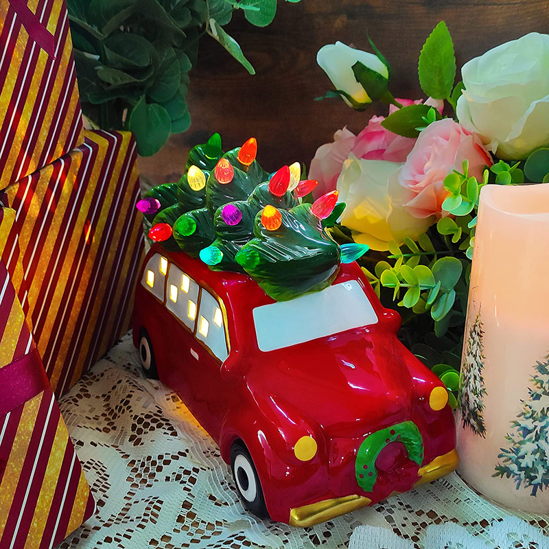 Sunnyglade Ceramic Christmas Tree and Vintage Car Christmas Tabletop Decoration Nostalgic Lighted Ceramic Christmas Tree in Red Car for Indoor Holiday Decoration