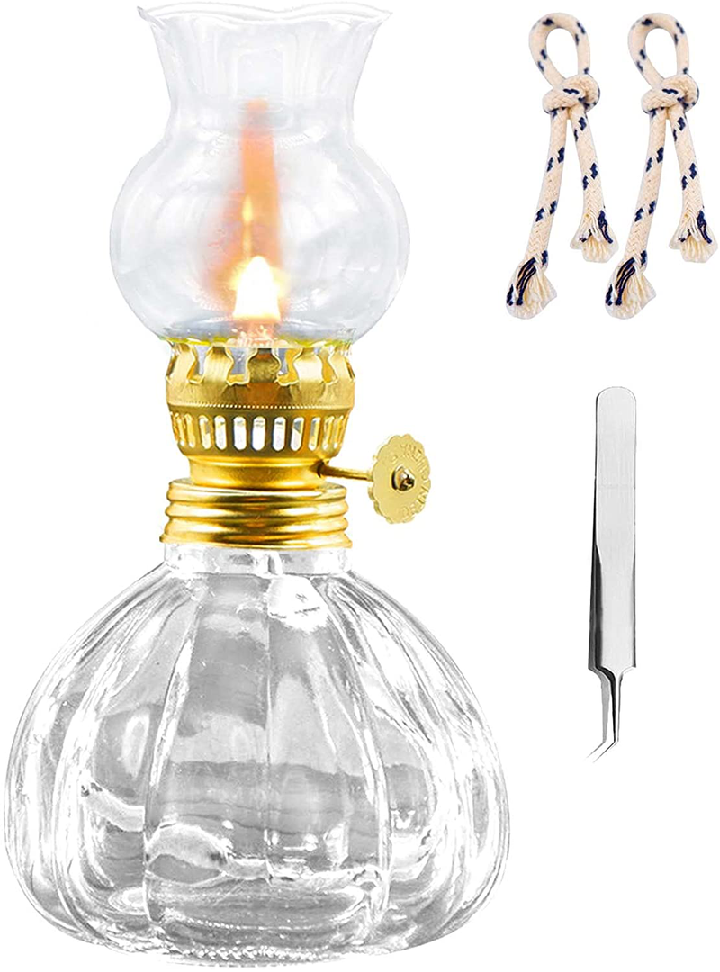 rnuie Oil Lamp for Indoor Use,1 Glass Kerosene Lamp,2 Wicks and 1 Tweezers,Vintage Hurricane Lamp for Home Emergency,Tabletop Decor (Cone)