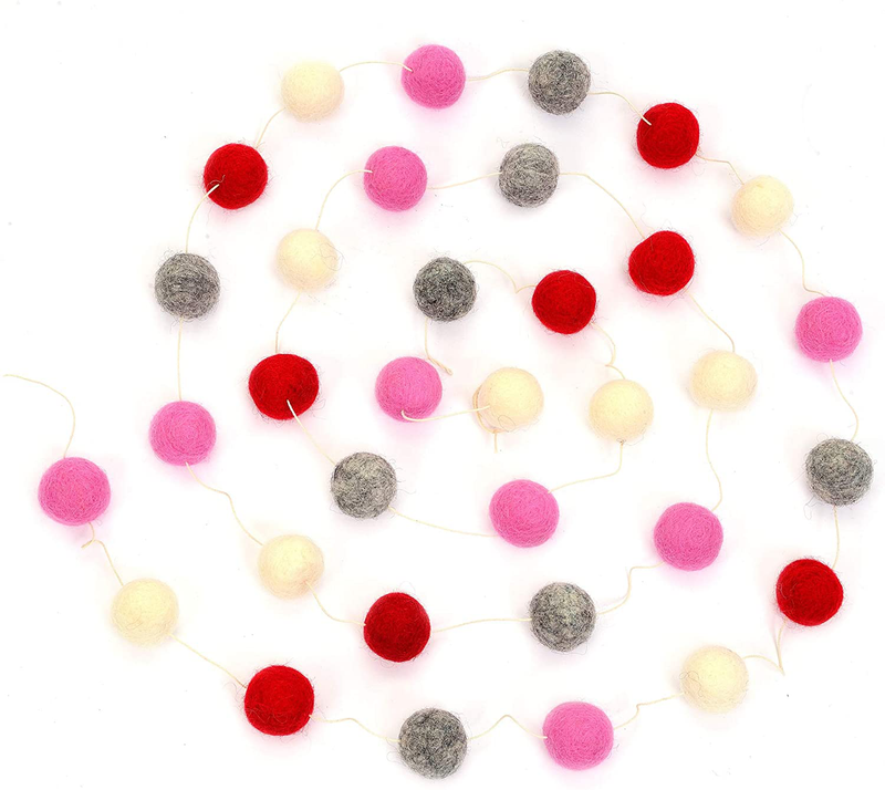Glaciart One Pom Pom Garland - Wool Felt Ball Garland - 9 Feet, 25 Balls, 8 Hearts, 4 Valentines Colors, Pom Pom Decorations, Nursery Decor, Bunting, Birthday Party Decorations, Carnival, Photo Prop Arts & Entertainment > Party & Celebration > Party Supplies Glaciart One Balls  