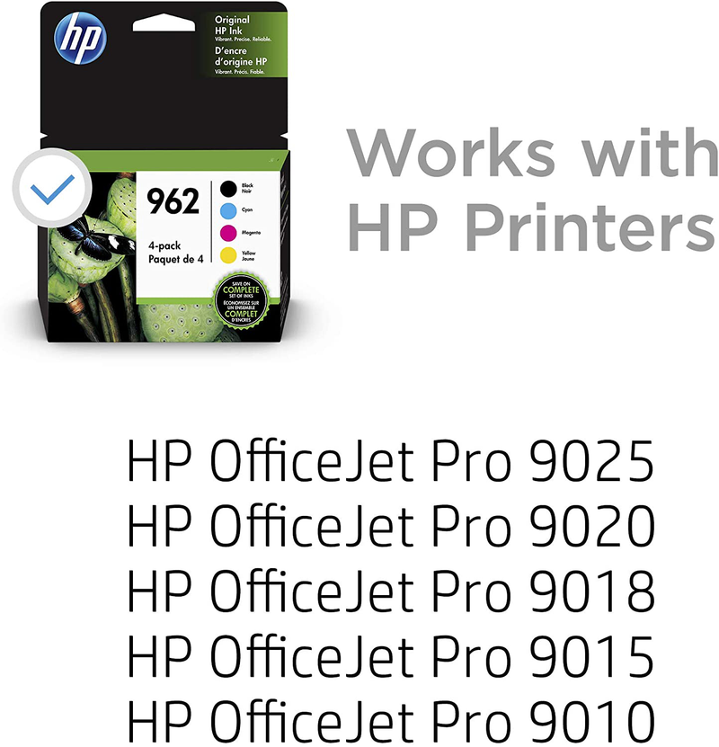 HP 962 | 4 Ink Cartridges | Black, Cyan, Magenta, Yellow | Works with HP OfficeJet Pro 9000 Series, HP OfficeJet Pro Premier 9012 | 3HZ99AN, 3HZ96AN, 3HZ97AN, 3HZ98AN