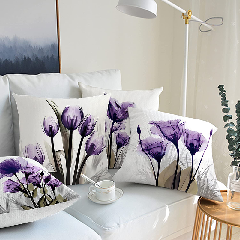 Throw Pillow Covers 18X18 Set of 4, Decorative Pillows for Couch Bed, Sofa Pillows Decorations for Living Room,Purple Flower Outdoor Pillows Couch Cushion Covers for Home Bedroom Car Home & Garden > Decor > Chair & Sofa Cushions QZZYWL   
