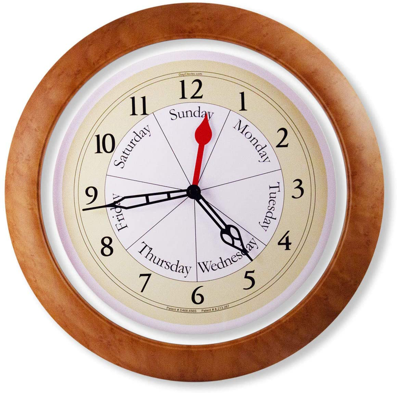 DayClocks Time & Day-of-The-Week Wall Clock with Solid Wood Frame – Weekly Analog Clock with Days, Hours & Minutes – Quiet Wall Mounted Clock - Ideal Retirement Gift for Men & Women