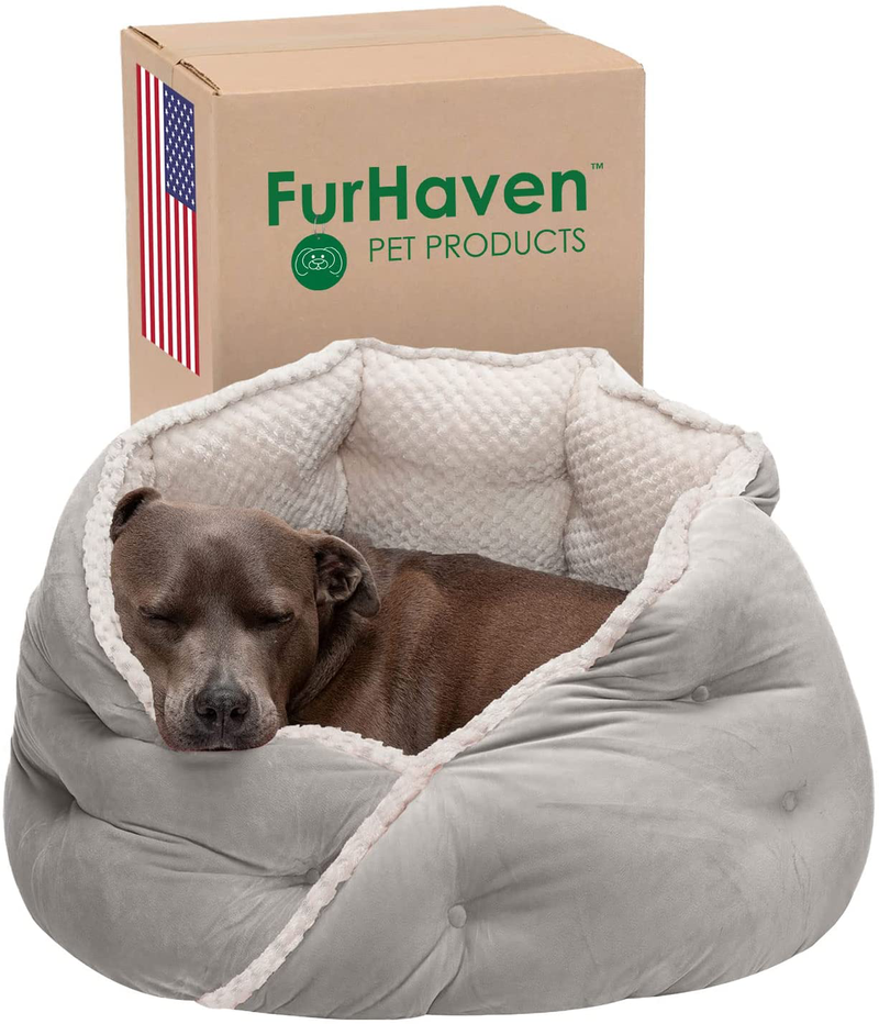 Furhaven Cozy Pet Beds for Dogs and Cats - Hi Lo Thermal Cuddler Dog Bed, Minky Plush and Velvet Calming Hug Bed - Multiple Colors and Sizes Animals & Pet Supplies > Pet Supplies > Dog Supplies > Dog Beds Furhaven Minky & Velvet Silver Gray Wraparound Hug Bed Medium