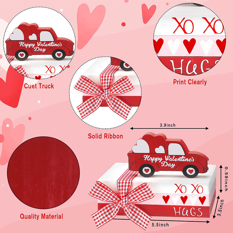 Queekay 3 Pieces Valentine'S Day Tiered Tray Decorations, Decorative Fake Book Decor Rustic Valentine Truck Wooden Fake Old Books Home Mantle Decor for Table Shelf Mantle Valentine Decorations Home & Garden > Decor > Seasonal & Holiday Decorations Queekay   