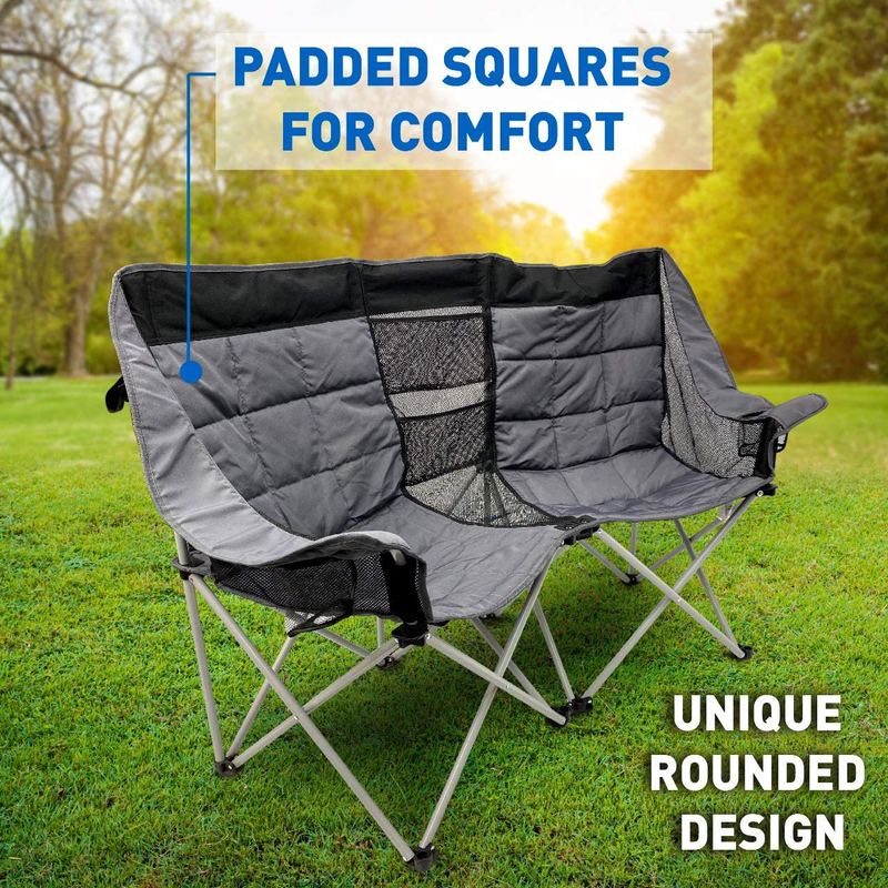 Easygo Product Double Love Seat Heavy Duty Oversized Camping RV Chair Folds Easily and Is Padded, Black Grey