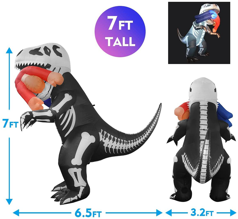 GOOSH 7 FT Height Halloween Inflatables Skeleton Dinosaur T-Rex Biting Person, Blow Up Yard Decoration Clearance with LED Lights Built-in for Holiday/Party/Yard/Garden