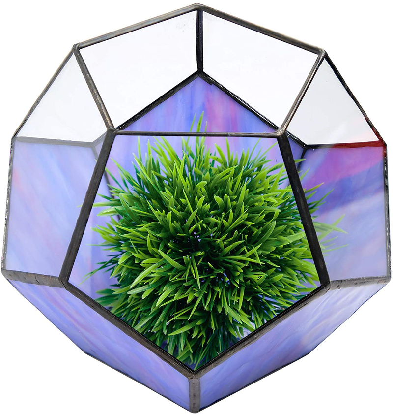 EXCELLO GLOBAL PRODUCTS Geometric Purple Glass Terrarium: Small Vase Planter (5.5" x 7") Container for Indoor, Plant Holder. Modern Artistic Decor.