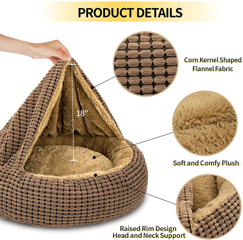 FURTIME Small Dog Bed Cat Bed with Blanket Attached, 23/26 Inch Cozy Cuddler Orthopedic Calming Cave Hooded Pet Bed, round Donut Anti-Anxiety Dog Bed for Small Dogs or Cats Washable, Anti-Slip Bottom Animals & Pet Supplies > Pet Supplies > Cat Supplies > Cat Beds FURTIME   