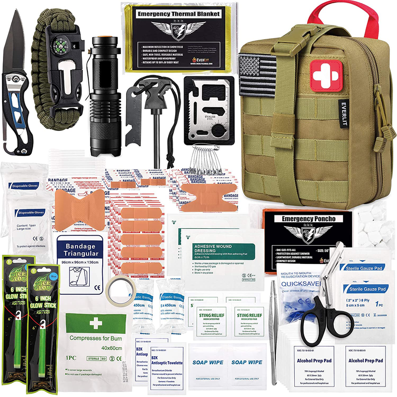 EVERLIT 250 Pieces Survival First Aid Kit IFAK Molle System Compatible Outdoor Gear Emergency Kits Trauma Bag for Camping Boat Hunting Hiking Home Car Earthquake and Adventures Sporting Goods > Outdoor Recreation > Camping & Hiking > Camping Tools EVERLIT Tan  