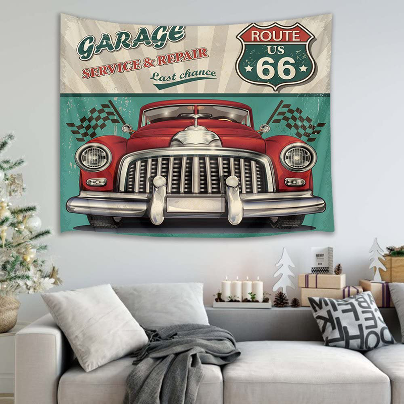 HVEST Retro Tapestry Vintage Car Wall Tapestry Route 66 Tapestry For Garage Decor Bedroom Living Room Dorm Wall Decor, 60W X 40H Inch Home & Garden > Decor > Artwork > Decorative Tapestries HVEST   