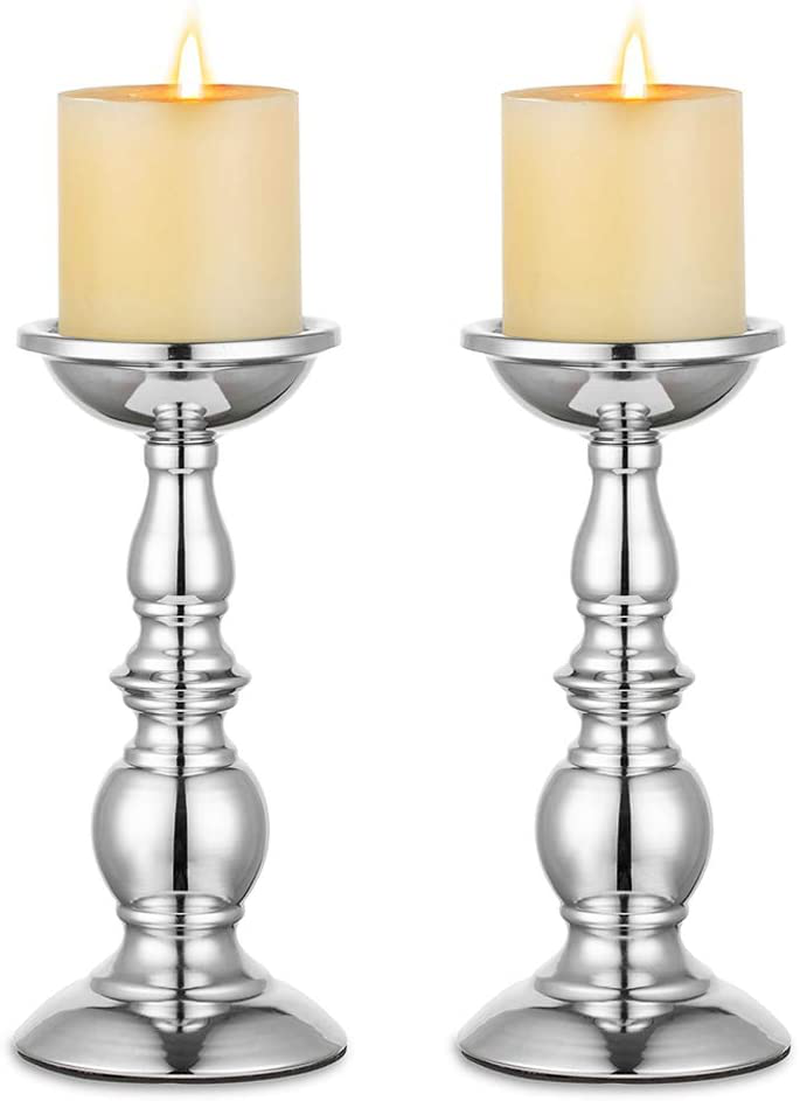 NUPTIO Pillar Candle Holders Metal Candle Holder Ideal for 3 inches Candles, Silver Candle Holder for Living Room, Gardens, Spa, Aromatherapy, Incense Cones, Wedding, Party, 2 Pcs
