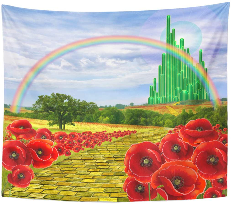 Emvency Tapestry Poppies Field Yellow Brick Road Leading to the Oz Emerald City Flowers Follow Home Decor Wall Hanging for Living Room Bedroom Dorm 50x60 Inches