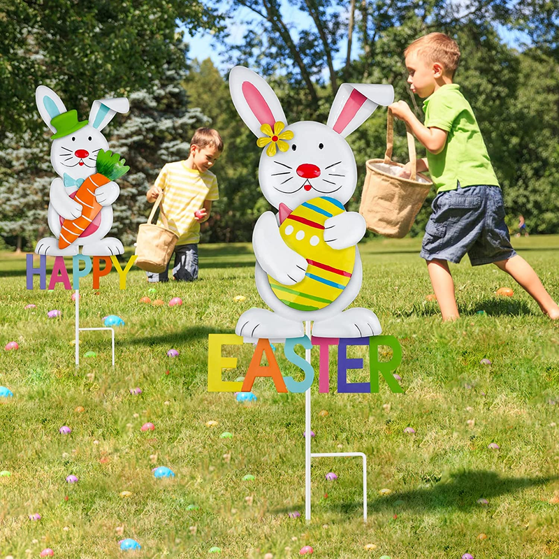 Fovths 2 Pack Metal Easter Bunny Garden Stakes Giant 45 Inch Metal Waterproof Happy Easter Bunny Yard Sign Lawn Decor Spring Easter Yard Sign with Carrot for Easter Lawn Outdoor Decor
