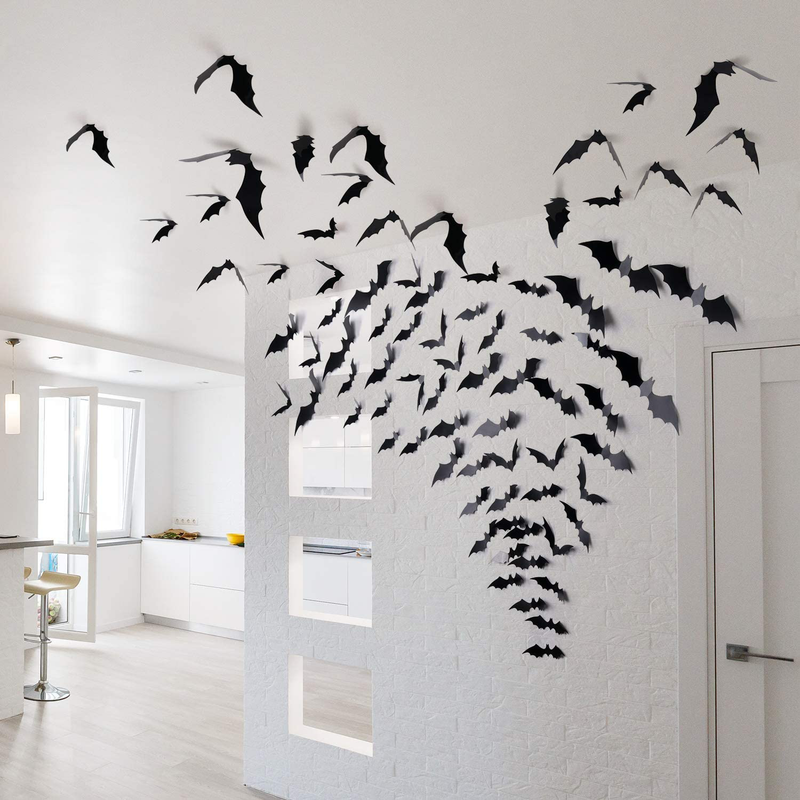 Coogam 60PCS Halloween 3D Bats Decoration 2021 Upgraded, 4 Different Sizes Realistic PVC Scary Black Bat Sticker for Home Decor DIY Wall Decal Bathroom Indoor Hallowmas Party Supplies