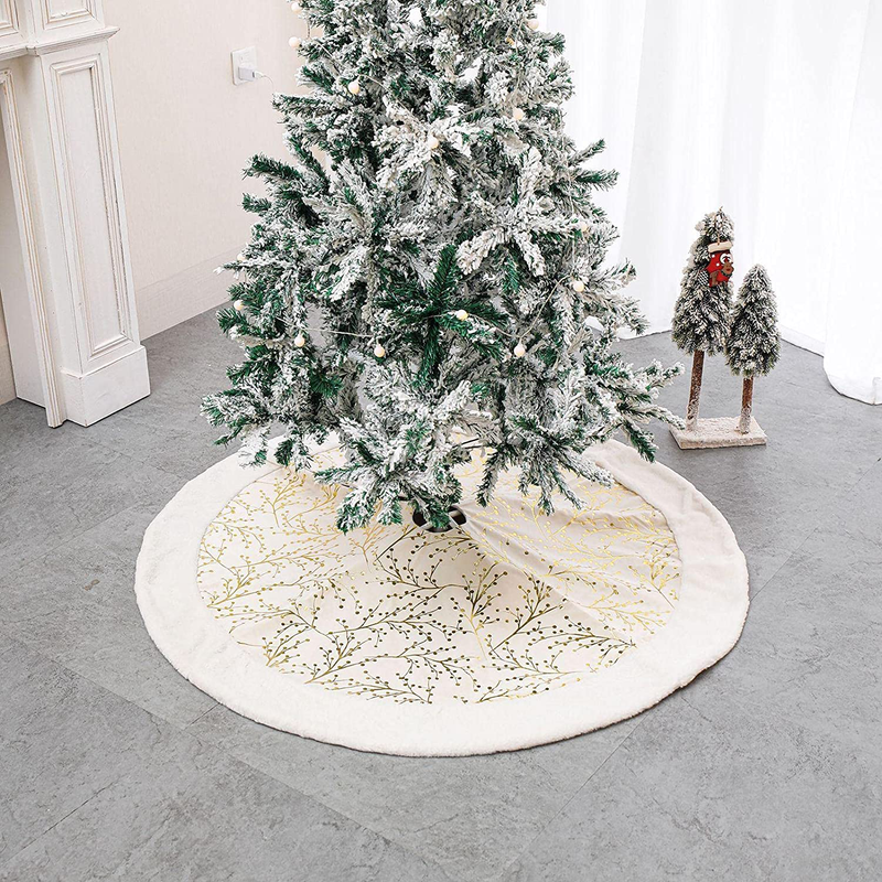 DegGod Plush Christmas Tree Skirts, 30 inches Luxury Snowy White Faux Fur Xmas Tree Base Cover Mat with Gold Snowflakes for Xmas New Year Home Party Decorations (Gold, 30 inches) Home & Garden > Decor > Seasonal & Holiday Decorations > Christmas Tree Skirts DegGod Jute + White 48 inches 