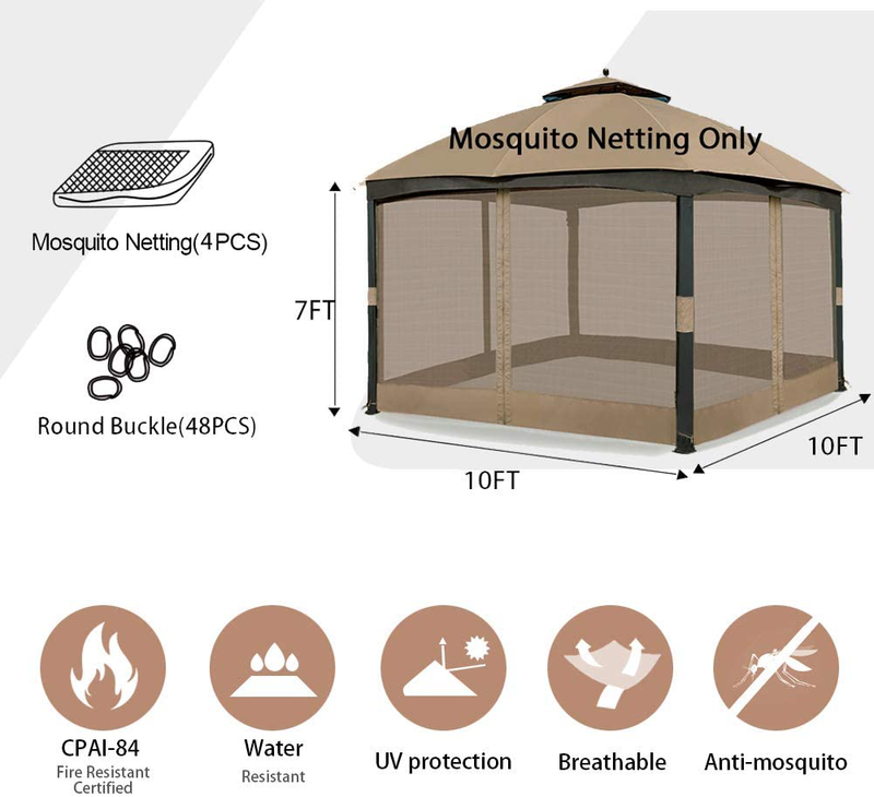 Gafrem Universal Gazebo Replacement Mosquito Netting Adjustable Screen Walls for 10'x10' or 10'x12' Gazebo Canopy (Khaki, 10x10 Feet) Home & Garden > Lawn & Garden > Outdoor Living > Outdoor Structures > Canopies & Gazebos Gafrem   