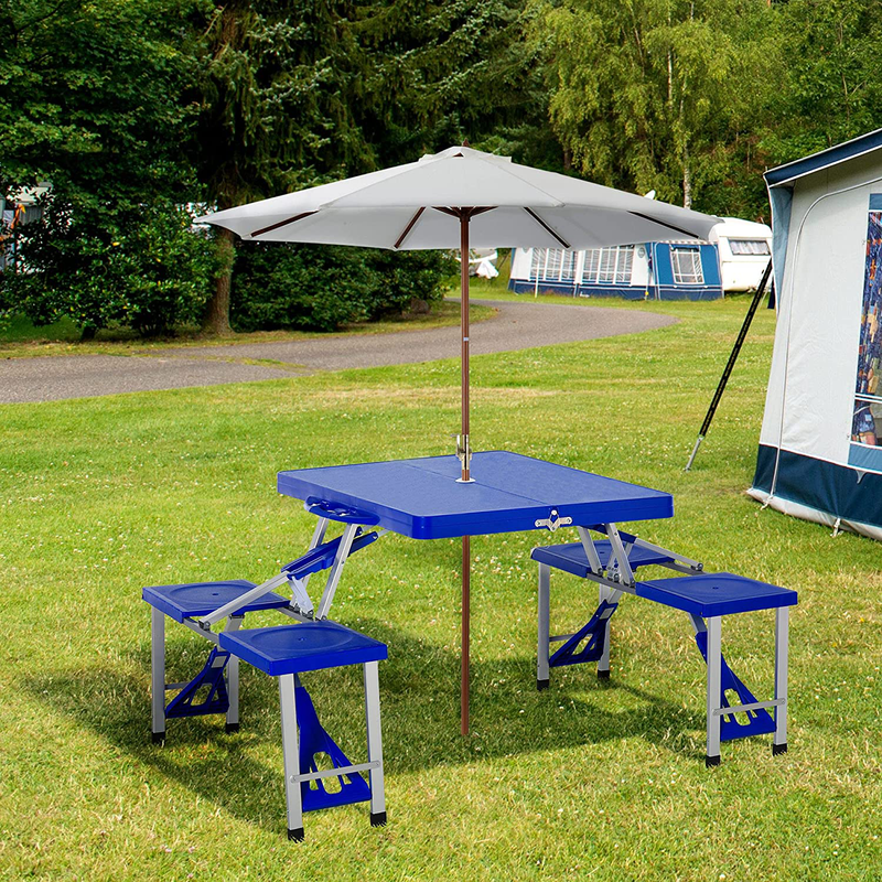 Outsunny Portable Foldable Camping Picnic Table Set with Four Chairs and Umbrella Hole, 4-Seats Aluminum Fold up Travel Picnic Table, Blue Sporting Goods > Outdoor Recreation > Camping & Hiking > Camp Furniture Outsunny   