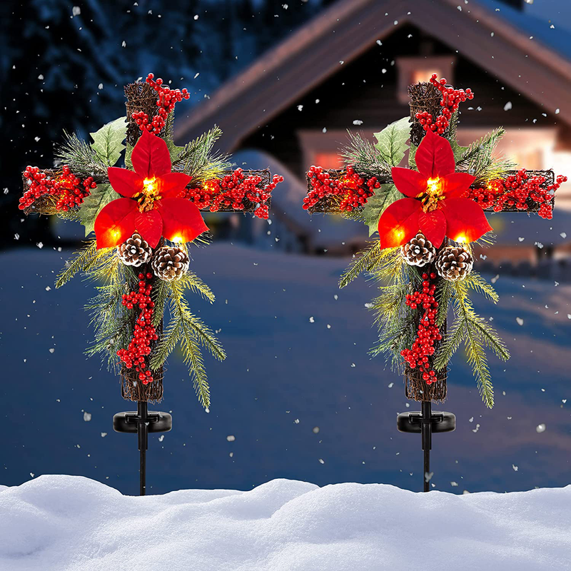 SOWSUN Solar Christmas Decorations Outdoor LED Lights, Xmas Waterproof Cross Stake, Cemetery Grave Decorations,Faux Pine Cones and Foliage Ornament Stakes for Garden Lawn Yard Cemetery, Set of 2 Home & Garden > Decor > Seasonal & Holiday Decorations& Garden > Decor > Seasonal & Holiday Decorations SOWSUN   