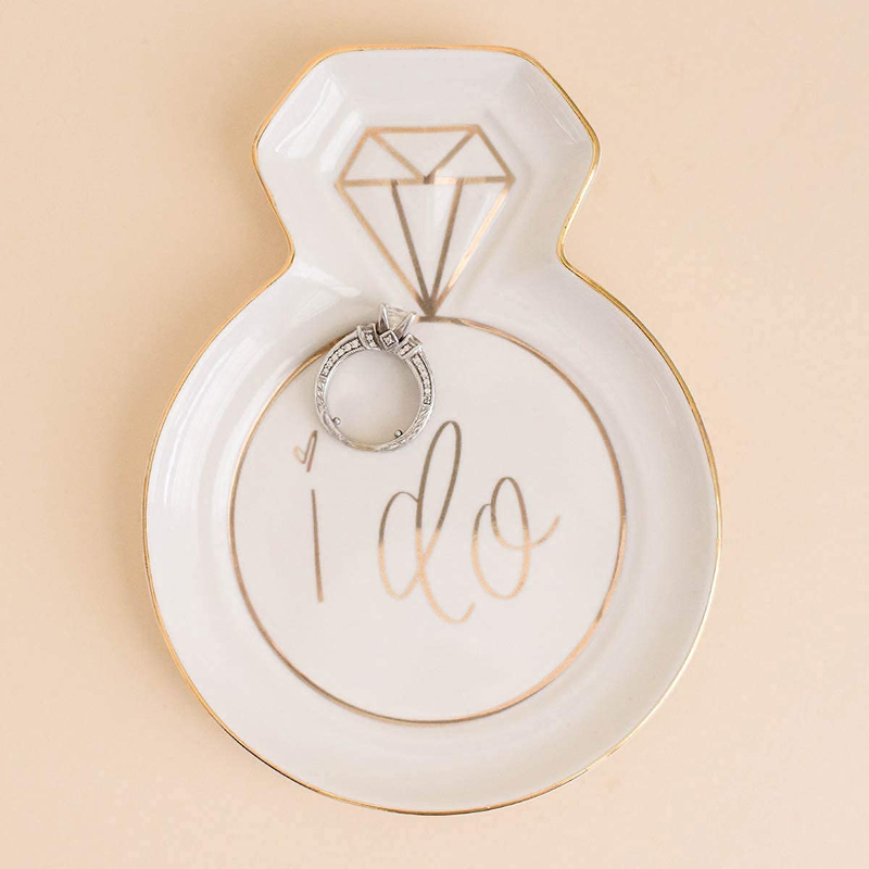 Sweet Water Decor Jewelry Dish Tray | Great for His and Her Engagement Engaged Ring Dish Holder Bride Ring Holder Gold Ceramic Trinket Tray Wedding Accessories (I Do)