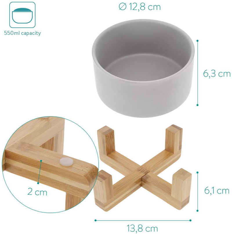 Navaris Ceramic Elevated Cat Bowls - Raised Double Food and Water Bowl Set for Cats and Small Dogs with Wood Stands - No Spill Eco Friendly Pet Bowls