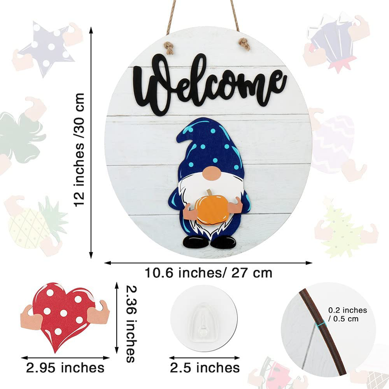 Interchangeable Welcome Sign for Front Door Porch Decor, Wooden Halloween Gnome Door Hanger Wreath with 19 Pieces Seasonal Holiday Icons, Rustic Farmhouse Home Sign DIY Wall Hanging Decor Home & Garden > Decor > Seasonal & Holiday Decorations Sayopin   