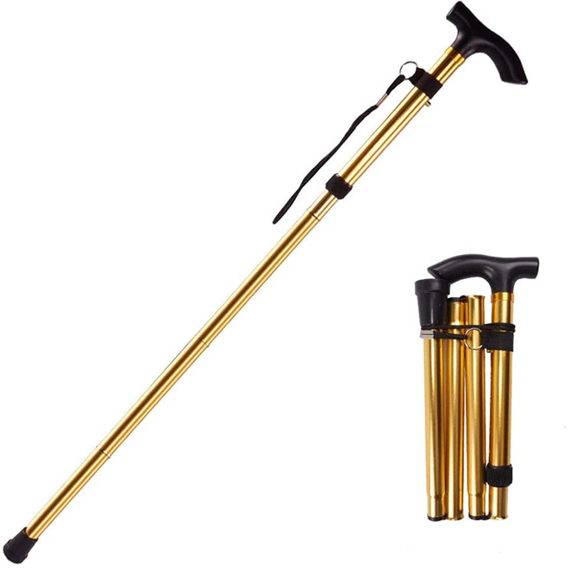Collapsible Walking Stick for the Old Men Women Adjustable Folding Trekking Pole with Comfortable T Handles Sporting Goods > Outdoor Recreation > Camping & Hiking > Hiking Poles ATURQBRIS Gold  