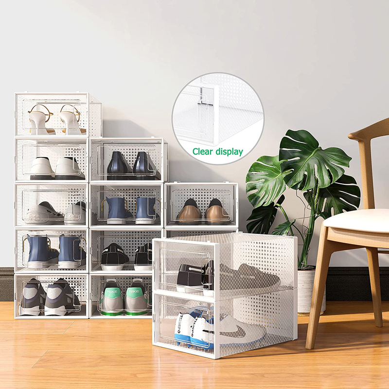 Qualiapex Shoe Storage Boxes, Clear Plastic Stackable Shoe Organizer, Foldable Storage Bins Shoe Container Box, 12 Pack - White