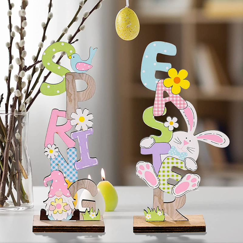 Easter Table Decoration Signs, Easter Table Centerpieces, Wooden Bunny Gnomes Decorations Family Signs for Spring Holiday Easter Party Indoor Outdoor Garden Yard Lawn Coffee Table Home Decor