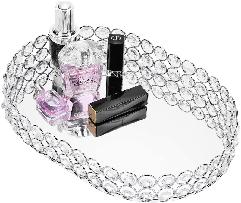 Decorative Makeup Vanity Trays, Crystal Mirrored Cosmetic Jewelry Toiletries Trinket Home Decor Tray Handmade Glass Ornate Perfume Tray for Dresser Bedroom Bathroom Restaurant Hotel (Oval Silver) Home & Garden > Decor > Decorative Trays WaiTing Oval Silver  