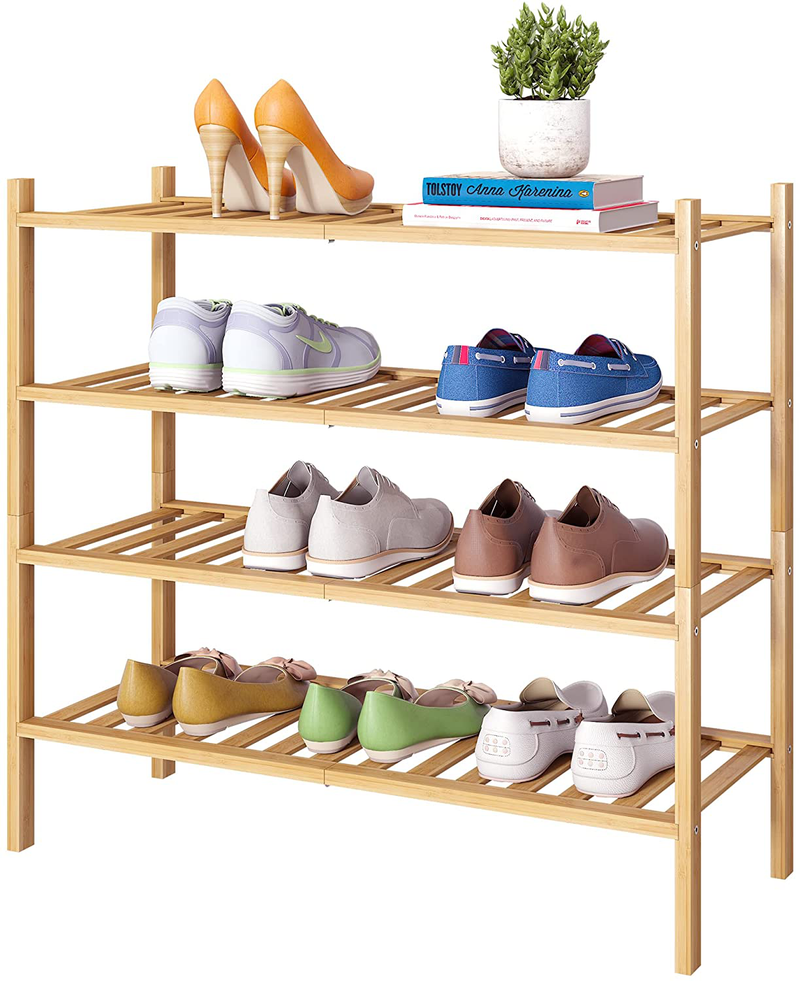 FILWH Bamboo Shoe Rack Stackable Shoe Shelf Storage Organizer for Unit Entryway Hallway and Closet Sturdy Freestanding Shoe Shelf Natural (3 Tier) Furniture > Cabinets & Storage > Armoires & Wardrobes FILWH Natural 4-Tier 