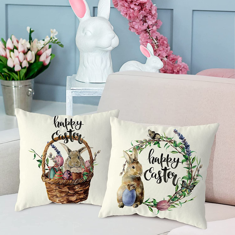 Easter Decorations Bunny Pillow Covers 18X18 Inch,Rabbit Basket Egg Garland Farmhouse Decoration Throw Pillows Cover Spring Decorative Cushion Case Clearance Set of 4 for Sofa Home Decor