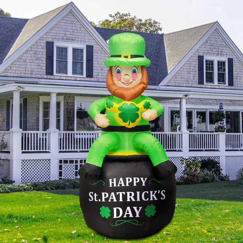 Decalare 5.7FT St. Patrick’S Day Inflatable Decoration, Cute Leprechauns Sit in a Beer Mug /Gold Pot to Celebrate St. Patrick’S Day, LED Light up Decoration for Yard Lawn Indoor Outdoor (HEI Patrick)