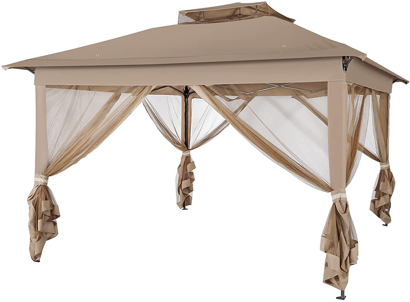 Funsite 11'x11' Outdoor Pop Up Gazebo Tent with Removable Zipper Mosquito Netting, 2-Tier Soft Top Portable Patio Gazebo Canopy Shelter for Backyard, Deck, Lawn&Garden Home & Garden > Lawn & Garden > Outdoor Living > Outdoor Structures > Canopies & Gazebos Funsite Beige  
