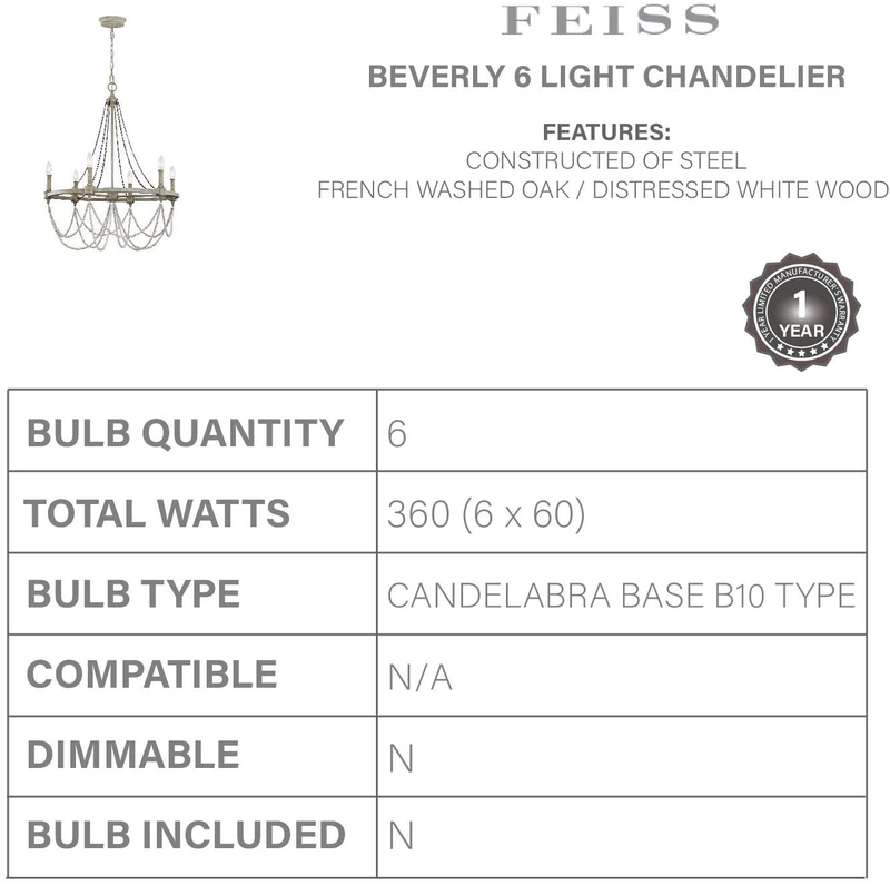 Feiss F3132/6FWO/DWW Beverly Candle Chandelier Lighting, White, 6-Light (28"Dia x 36"H) 360watts Home & Garden > Lighting > Lighting Fixtures > Chandeliers Feiss   