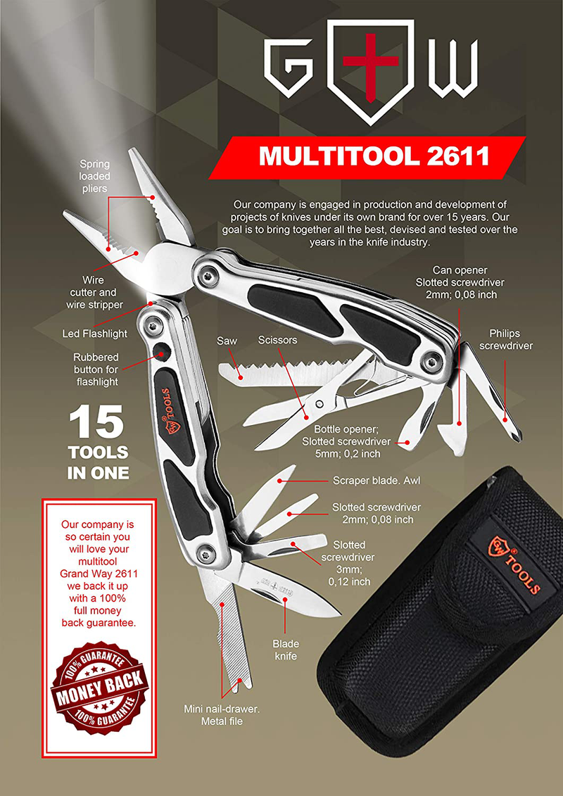 Multitool Pliers 15In1 with Flashlight Scissors Screwdriver Knife - All in One Pocket Multi Tool for Men Black Multi-Tool - Best Tools for EDC Urban Work Camping Hiking Survival -Birthday Gifts 2611