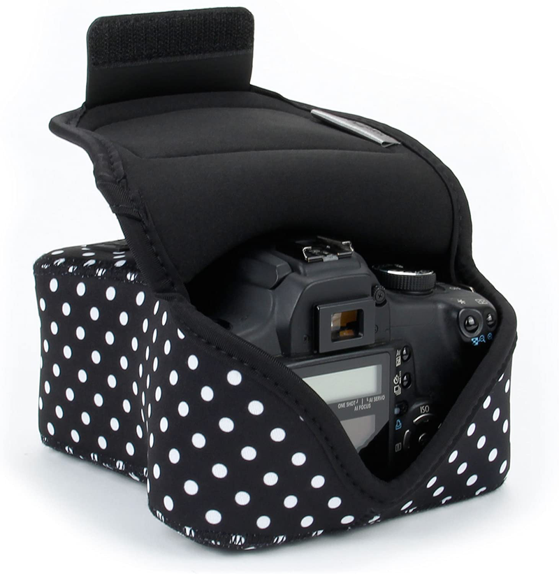 USA GEAR DSLR SLR Camera Sleeve Case (Black) with Neoprene Protection, Holster Belt Loop and Accessory Storage - Compatible With Nikon D3400, Canon EOS Rebel SL2, Pentax K-70 and Many More Cameras & Optics > Camera & Optic Accessories > Camera Parts & Accessories > Camera Bags & Cases USA Gear Polka Dot  