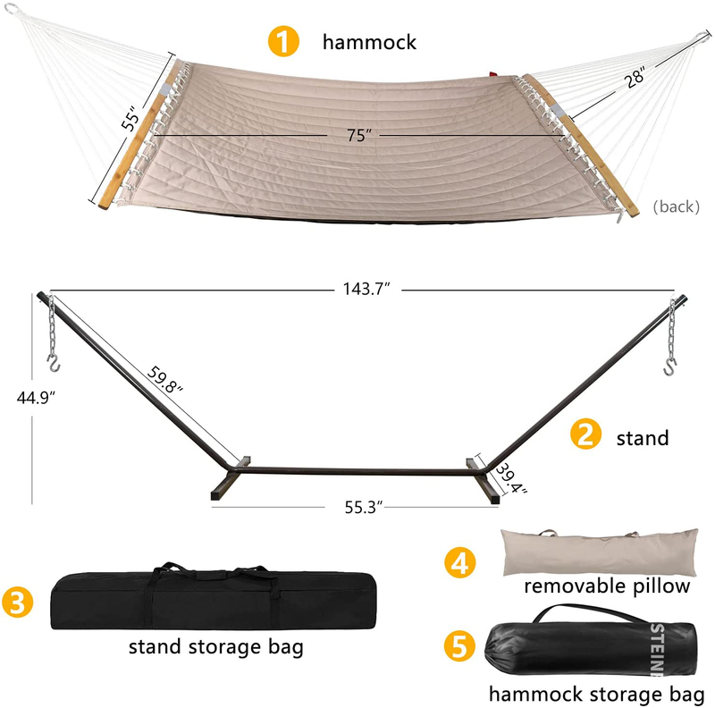 Portable Hammock with Stand, Ergonomic 2 Person Heavy Duty Hammock, 475lb Capacity, Perfect for Indoor Outdoor Patio, Deck & Yard - Pillow, Quilted Bed & Unique Curved Bamboo Spreader Bars, Royal Blue Home & Garden > Lawn & Garden > Outdoor Living > Hammocks Parapop   