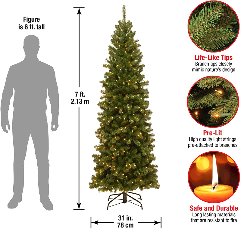 National Tree Company lit Artificial Christmas Tree Includes Pre-Strung White Lights and Stand, North Valley Spruce Pencil Slim-7 ft
