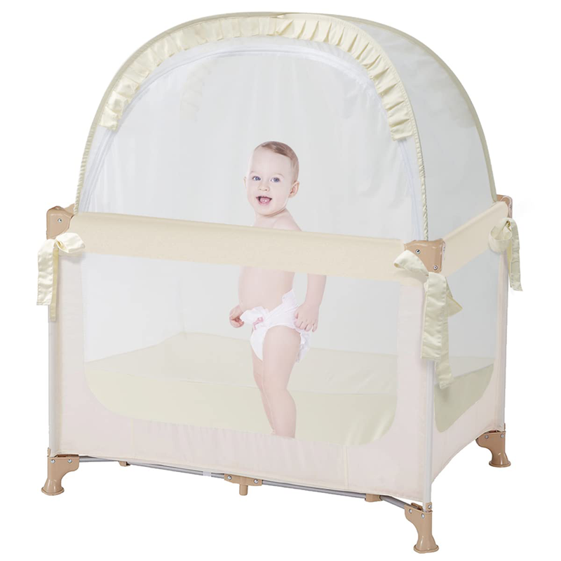 L RUNNZER Baby Crib Tent Crib Net to Keep Baby In, Pop up Crib Tent Canopy Keep Baby from Climbing Out Sporting Goods > Outdoor Recreation > Camping & Hiking > Tent Accessories L RUNNZER Beige Pack N Play Tent 