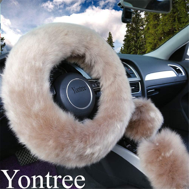 Yontree Fashion Fluffy Steering Wheel Covers for Women/Girls/Ladies Australia Pure Wool 15 Inch 1 Set 3 Pcs (Black) Vehicles & Parts > Vehicle Parts & Accessories > Vehicle Maintenance, Care & Decor > Vehicle Decor > Vehicle Steering Wheel Covers Yontree Brown Long Hair 