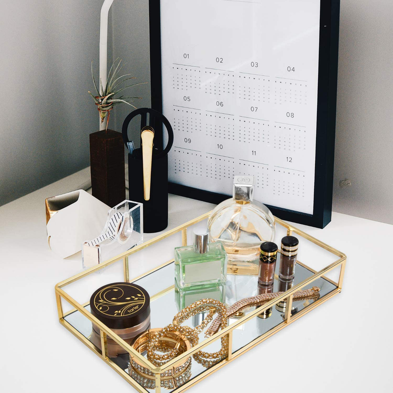 JollyCaper Gold Mirror Vanity Tray | Vintage Vanity Tray for Dressers in Rectangle Design | Jewelry, Perfume, Makeup Organizer | Decorative Metal Vanity Tray | Size 12x8x2 inch Home & Garden > Decor > Decorative Trays JollyCaper   
