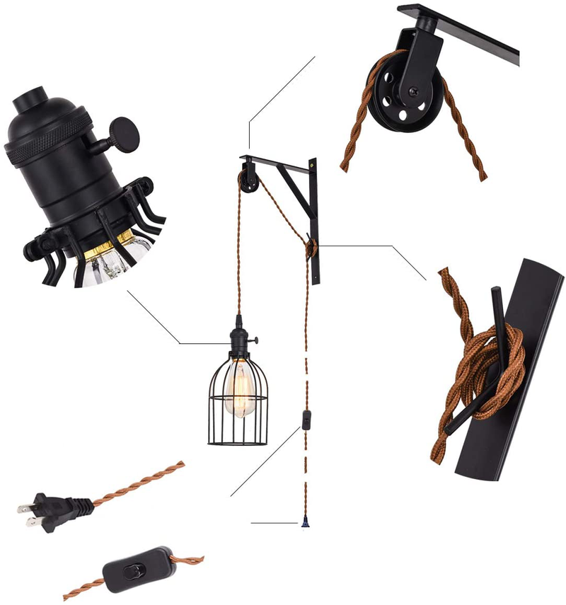 SEEBLEN Vintage Design Industrial Wheel Farmhouse Wall Mount Pulley Wall Pendant Lamp with 15-Foot Brown Plug and Switch Set of 2