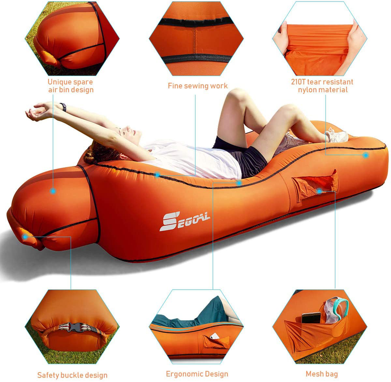 SEGOAL Ergonomic Inflatable Lounger Beach Bed Camping Chair Air Sofa Couch Hammock with Pillow, Waterproof Anti-Air Leaking Single Layer Nylon Fabric for Hiking Travel Beach Park, No Pump Required Sporting Goods > Outdoor Recreation > Camping & Hiking > Camp Furniture SEGOAL   