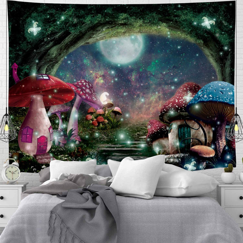 Psychedelic Mushroom Castle Tapestry Galaxy Moon Stars Tapestry Mysterious Forest Tree Tapestry Fantasy Fairy Tale Tapestry Wall Hanging for Bedroom Home & Garden > Decor > Artwork > Decorative Tapestries G.Will   