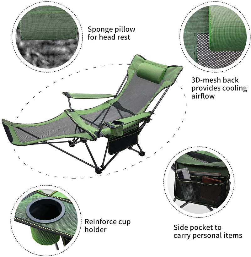 METKIIO Portable Camping Chair with Adult Detachable Footrest Mesh Folding Recliner, Can Sit and Lie Down, with Cup Holder and Storage Mesh Bag, Net Weight 9.5 Pounds, Heavy Support 330Lbs, Green Sporting Goods > Outdoor Recreation > Camping & Hiking > Camp Furniture METKIIO   