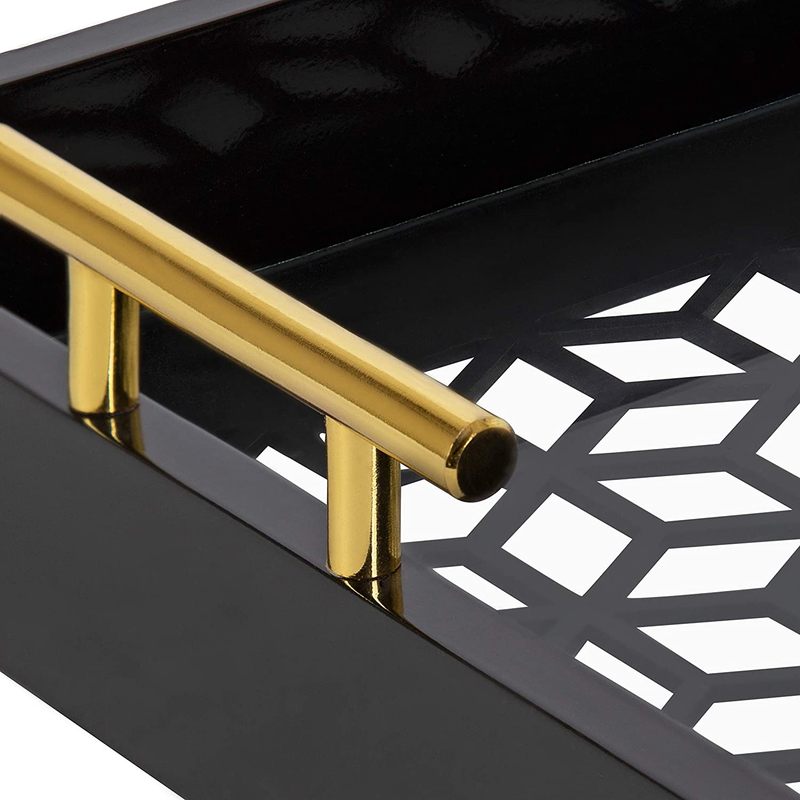 Kate and Laurel Caspen Rectangle Cut Out Pattern Decorative Tray with Gold Metal Handles, 16.5" x 12.25", Black and Gold Home & Garden > Decor > Decorative Trays Kate and Laurel   