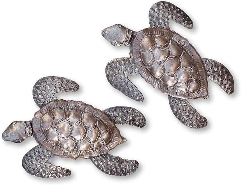 Sea Turtles, Beach Metal Art, Set of 2, Nautical Wall Hanging Figurines Home Decoration, Under the Sea Marine Life Animals, Handmade in Haiti 6 x 7.75 Inches Home & Garden > Decor > Artwork > Sculptures & Statues It's Cactus Default Title  