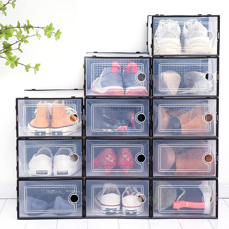 Shoe Boxes Clear Plastic Stackable,12 Pack Shoe Storage, 13” X 9” X 5.5” Shoe Organizer for Closets, Easy to Assemble, Sturdy, Front Opening, Clear Shoe Containers Furniture > Cabinets & Storage > Armoires & Wardrobes Plentio Black  