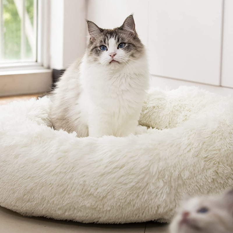 Raimaiso anti Anxiety round Fluffy Plush Faux Fur Warm Washable Dog Bed & Cat Bed, Original Bed for Small Medium Large Pets,Used to Relieve Joints and Improve Sleep（20"/24"/27''） Animals & Pet Supplies > Pet Supplies > Cat Supplies > Cat Beds Raimaiso white 27" 