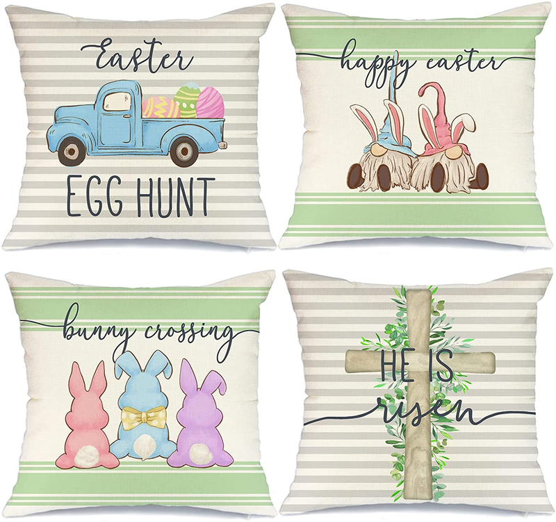 Easter Pillow Covers 18X18 Set of 4 Easter Decorations for Home Easter Eggs Hunt Bunny Gnomes Pillows Easter Decorative Throw Pillows Spring Easter Farmhouse Decor for Couch A480-18